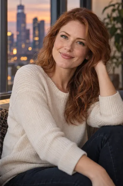Red-haired Dateloco profile preview by a city window