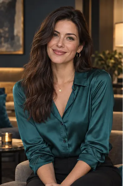 Smiling Dateloco profile preview in a teal blouse